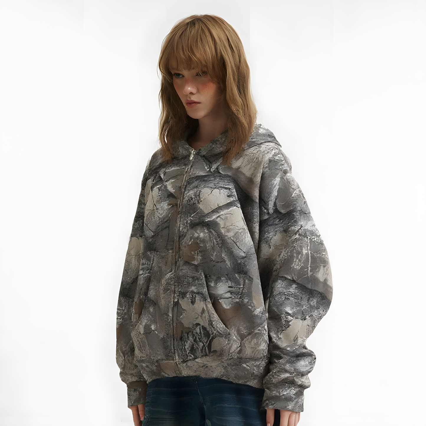 Camouflage Zip-Up Hoodie with Woodland Print