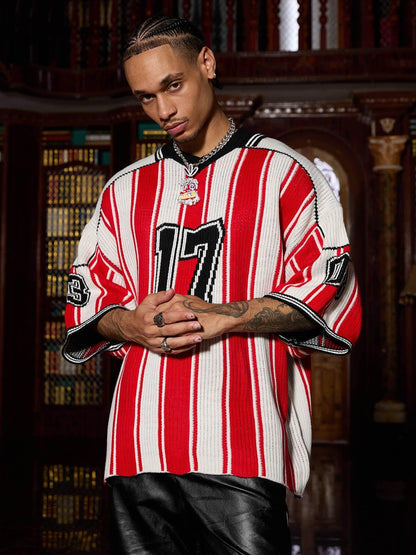 Revelse™ Vintage Striped Baseball Knit Sweater Red