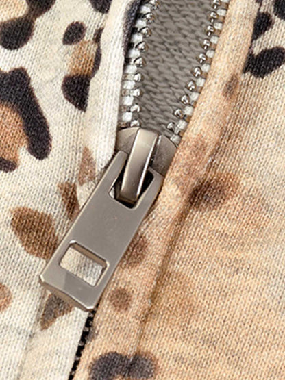 Cropped leopard zip hoodie styled as a casual layer