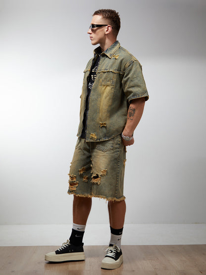 Men's Ripped Distressed Denim Jacket and Pants Set