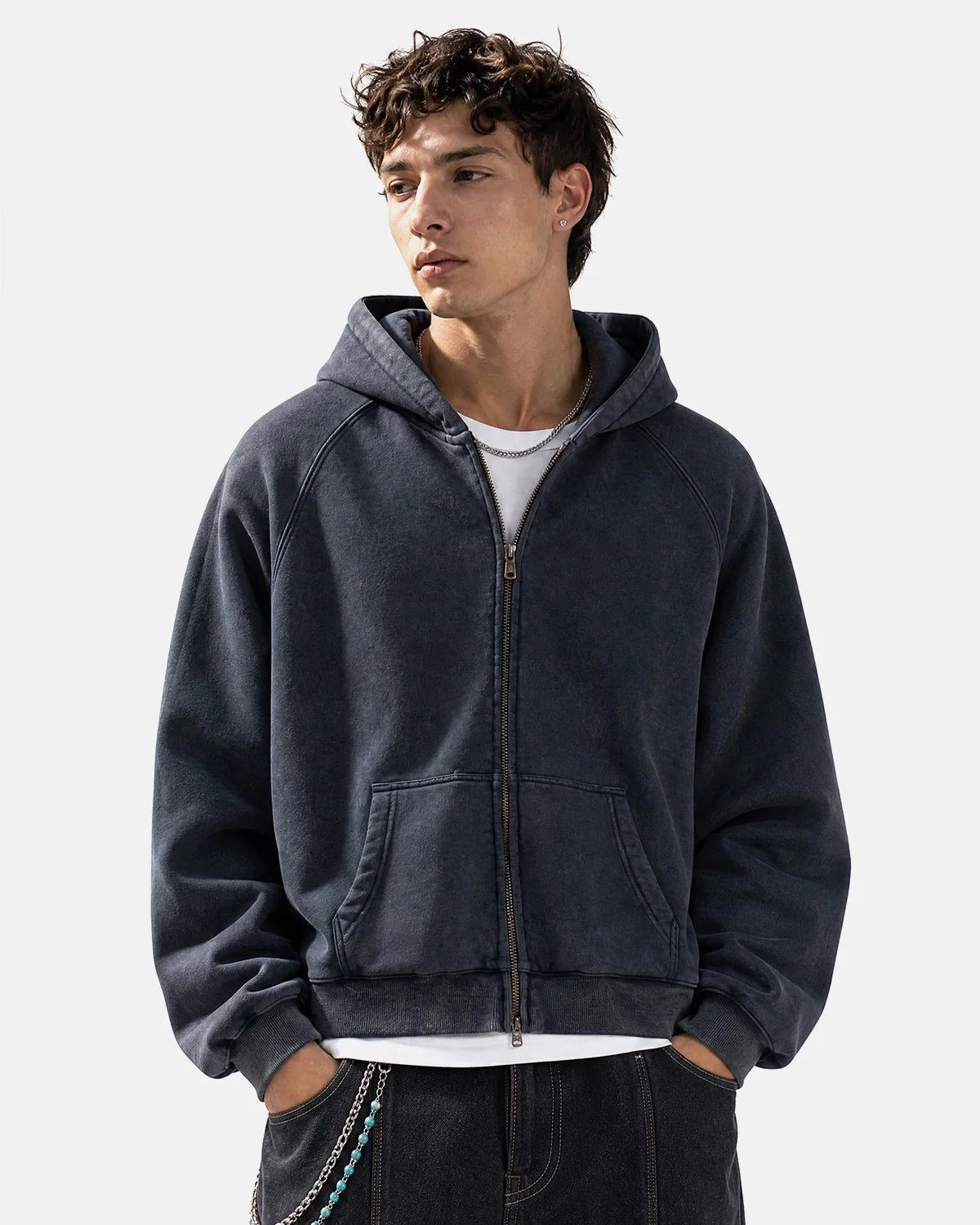 Washed boxy hoodie styled for a relaxed everyday streetwear look