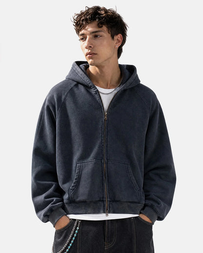 Washed boxy hoodie styled for a relaxed everyday streetwear look