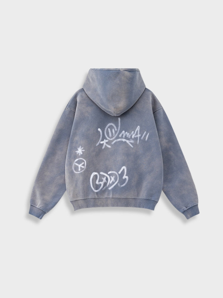 Unisex Graffiti Print Washed Zip-Up Hoodie