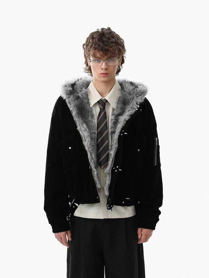 Faux Fur Hooded Suede Bomber Jacket with Metal Clip Streetwear