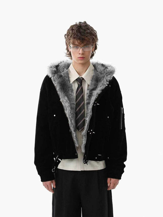 Faux Fur Hooded Suede Bomber Jacket with Metal Clip Streetwear