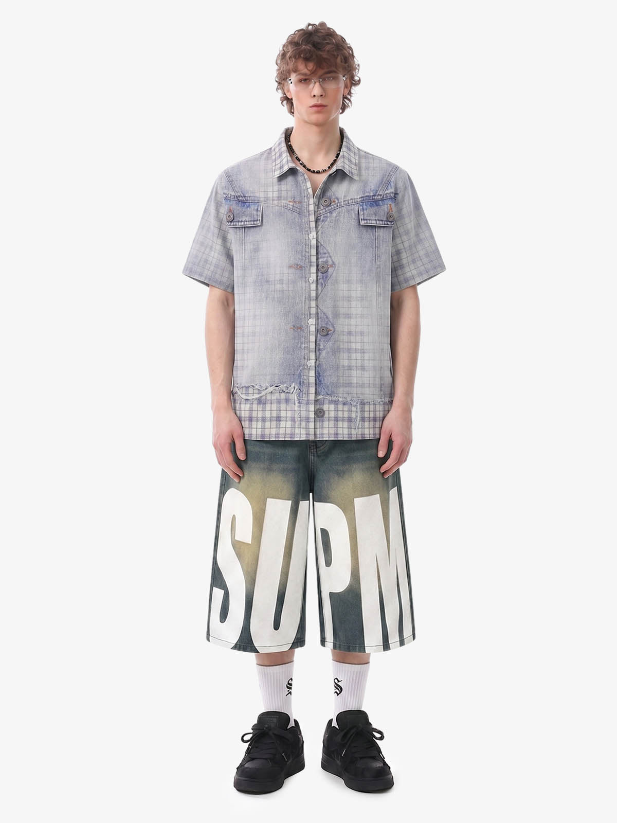 Revelse™ Vintage Washed Plaid Denim Texture Shirt Blue