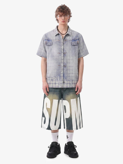 Revelse™ Vintage Washed Plaid Denim Texture Shirt Blue