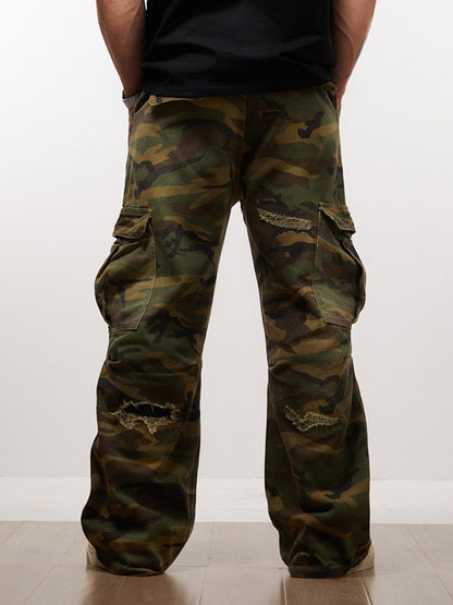 Woven Ripped Camouflage Cargo Baggy Pants
