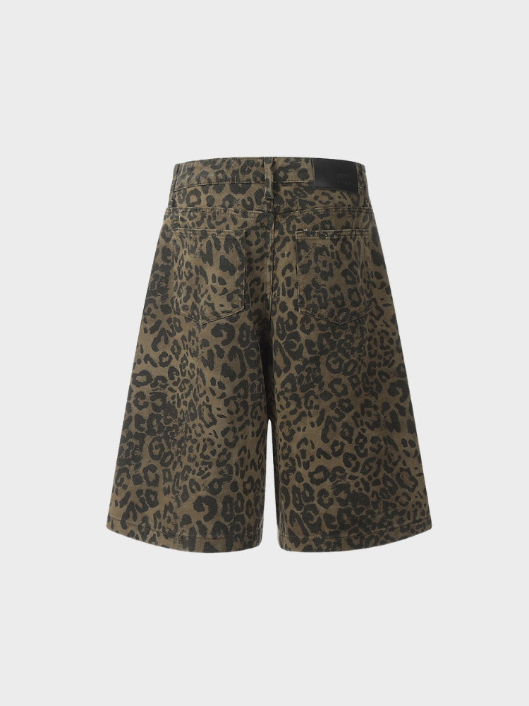 Leopard Print Wide-Leg Denim Shorts Women's