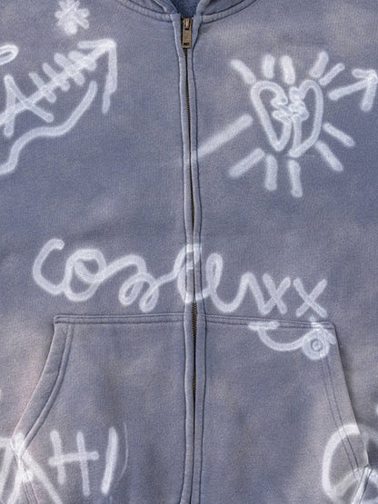 Unisex Graffiti Print Washed Zip-Up Hoodie