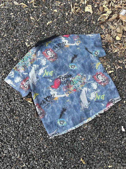 Tie-Dye Denim Polo T-Shirt with Graffiti Print