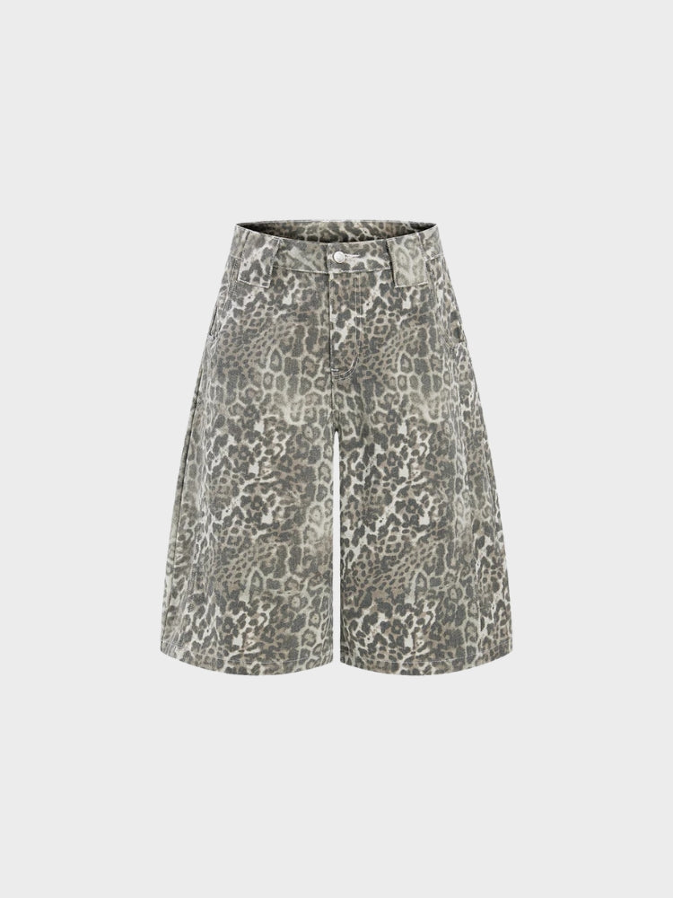 Leopard Print Baggy Denim Shorts