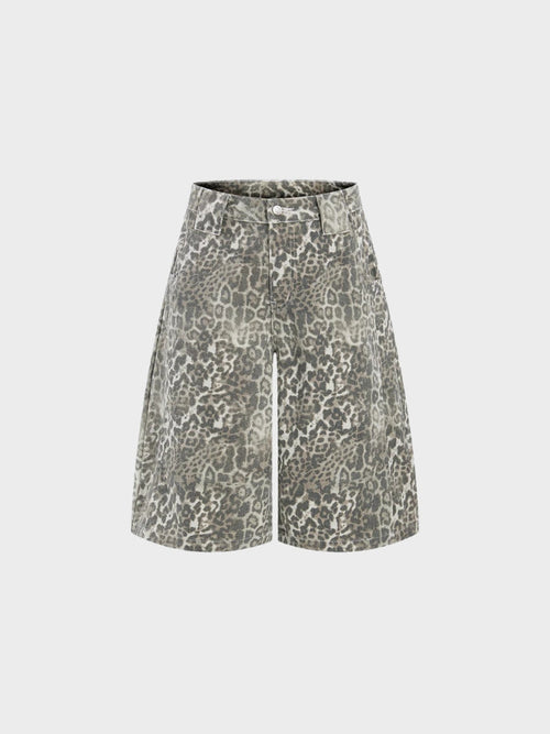 Leopard Print Baggy Denim Shorts