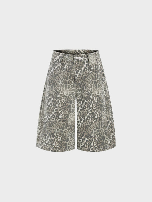 Leopard Print Baggy Denim Shorts