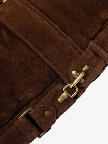 Faux Fur Hooded Suede Bomber Jacket with Metal Clip Streetwear