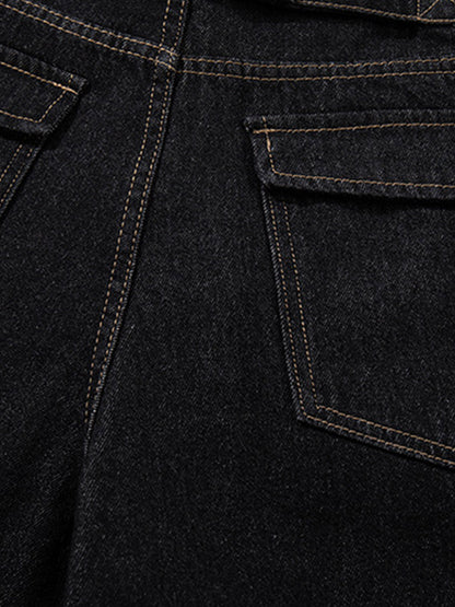 Dark wash denim shorts styled to show classic fit and clean finish