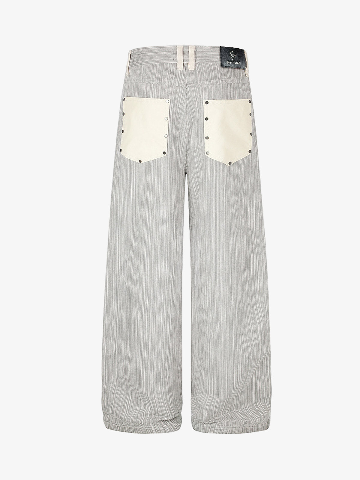 Front view of striped colour-block wide-leg graphic print jeans