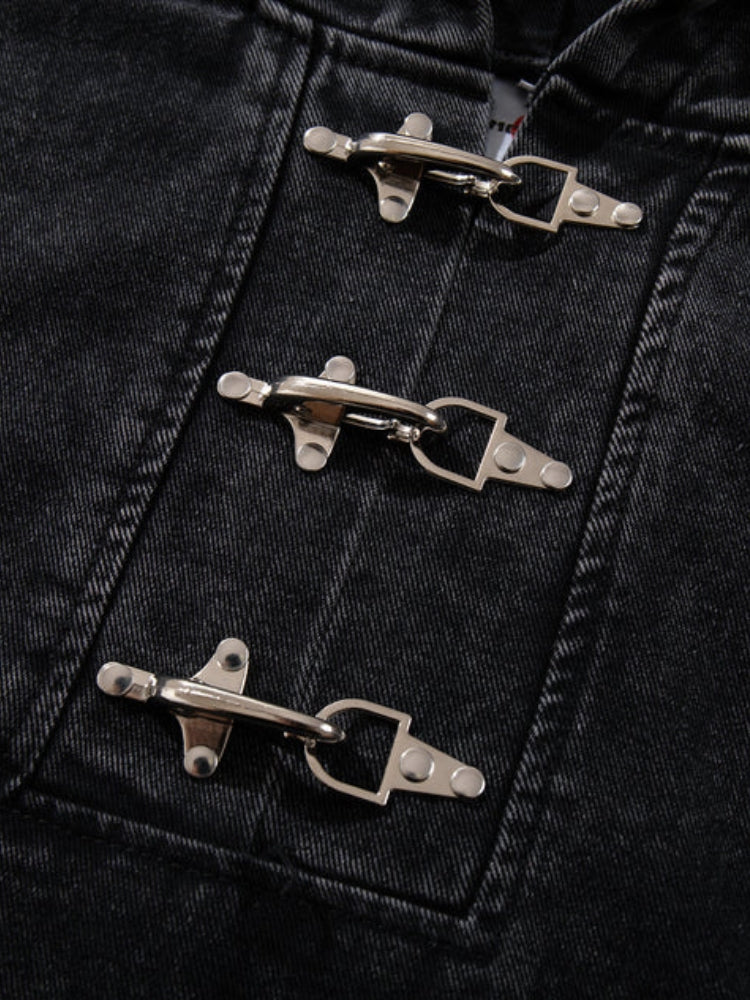 Washed Denim Toggle Front Hoodie Black