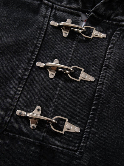 Washed Denim Toggle Front Hoodie Black
