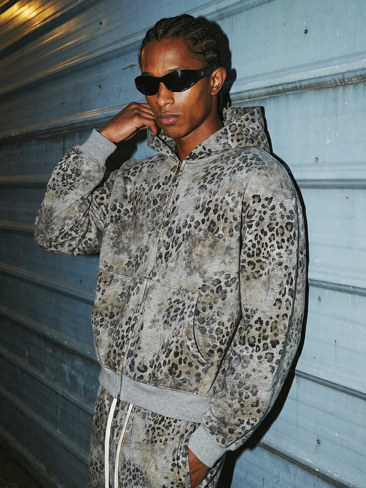 Leopard Print Vintage Washed Zip Hoodie Thick Cotton