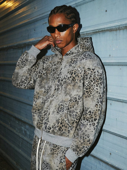 Leopard Print Vintage Washed Zip Hoodie Thick Cotton
