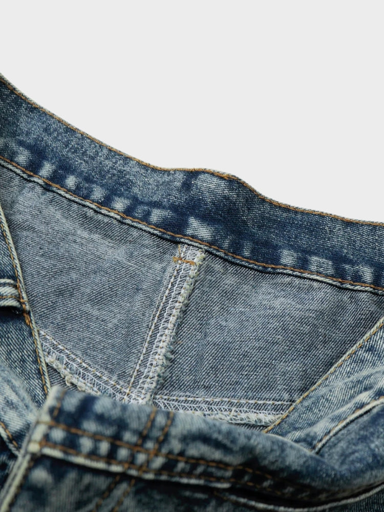 Longline Baggy Studded Denim Shorts Gray Blue