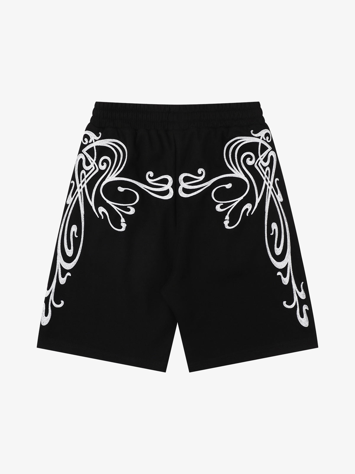 Men's graphic sweat shorts with drawstring waist shown from the front