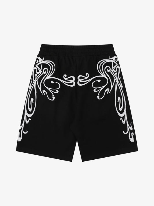 Men's graphic sweat shorts with drawstring waist shown from the front