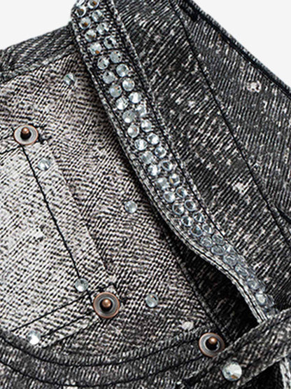 Distressed Denim Jeans with Diamond Belt Decor Detail
