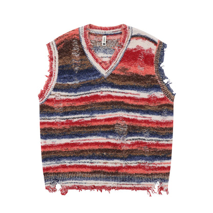 Baggy Knitted Sweater Vest Vintage Gradient Stripe Washed