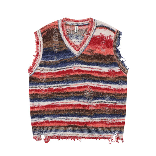 Baggy Knitted Sweater Vest Vintage Gradient Stripe Washed
