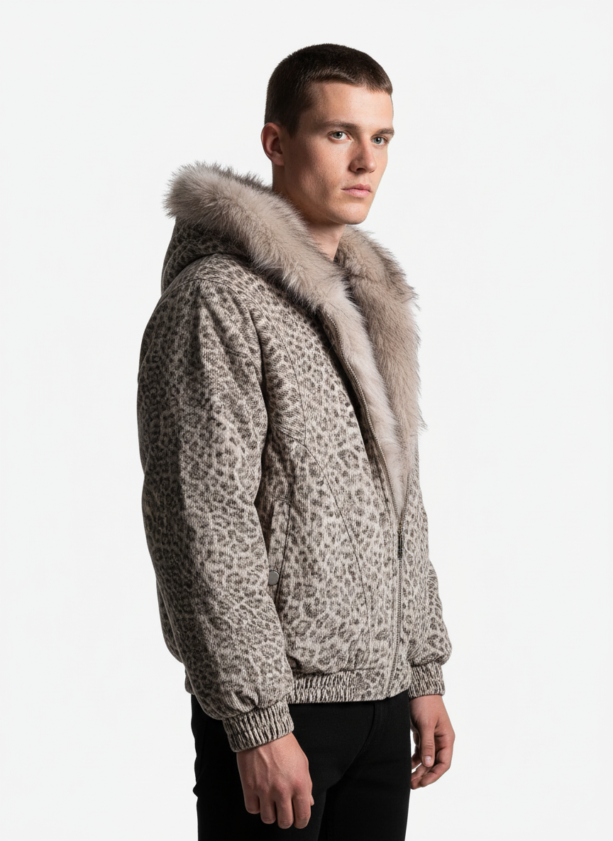 Cheetah Print Hooded Jacket with Faux Mink Fur Trim
