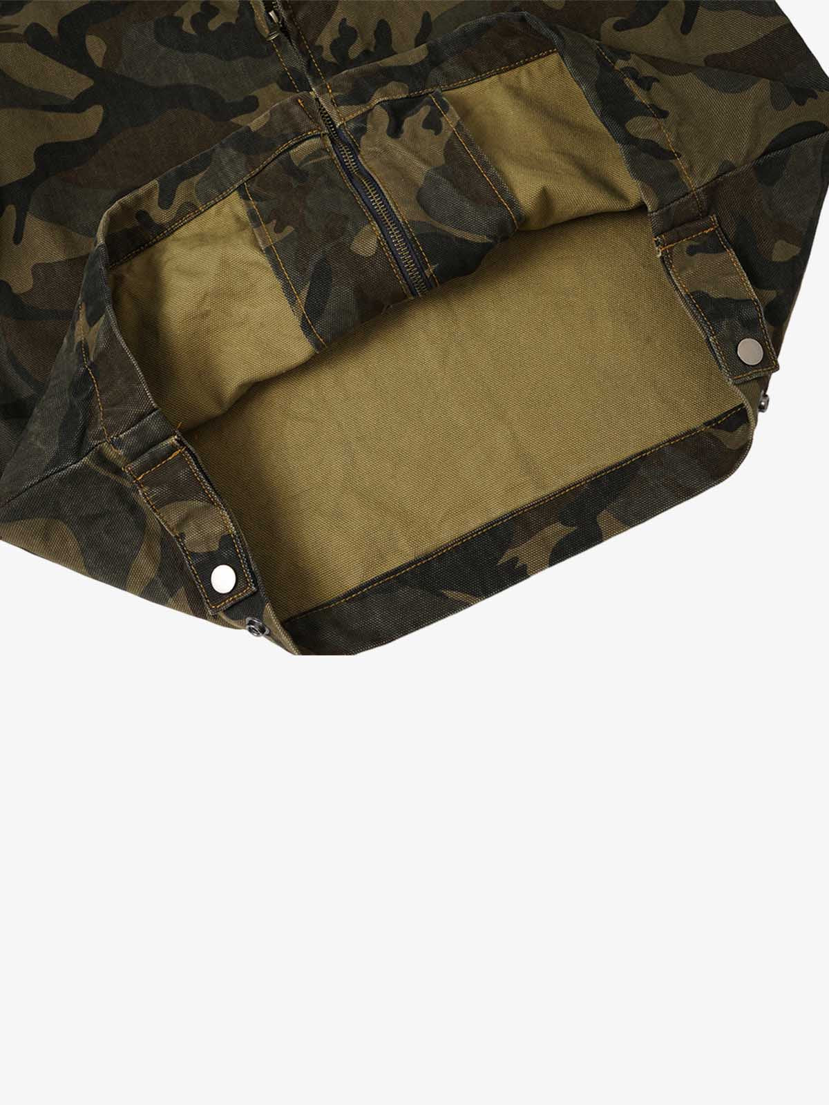 Detail of the button fastening and chest pocket on the denim work jacket