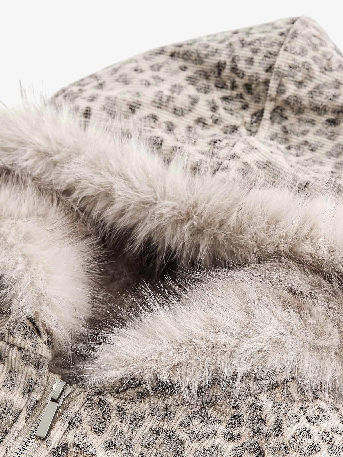 Cheetah Print Hooded Jacket with Faux Mink Fur Trim