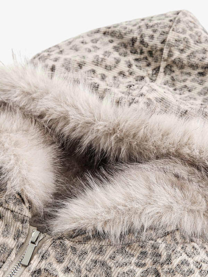 Cheetah Print Hooded Jacket with Faux Mink Fur Trim