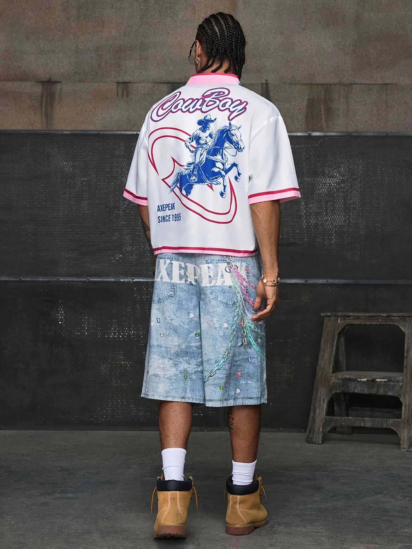 Men's Denim Print Crop Shirt Short Sleeve Casual