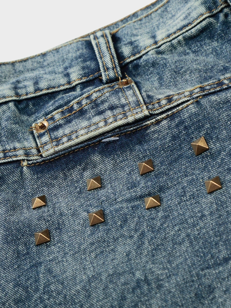 Longline Baggy Studded Denim Shorts Gray Blue