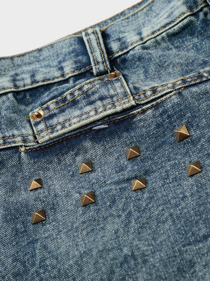 Longline Baggy Studded Denim Shorts Gray Blue