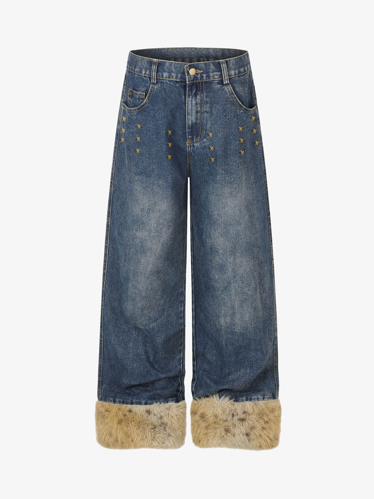 Studded wide-leg jeans with faux fur cuffs shown from the front