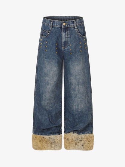Studded Wide-Leg Jeans With Faux Fur Cuffs