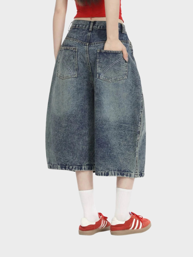 Longline Baggy Studded Denim Shorts Gray Blue