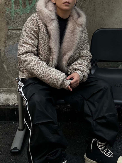 Cheetah Print Hooded Jacket with Faux Mink Fur Trim