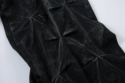 Washed Distressed Pleated Baggy Jeans