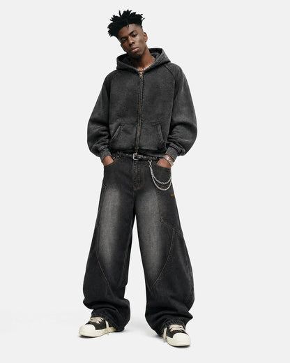 Side view showing the relaxed shape of a washed raglan sleeve hoodie