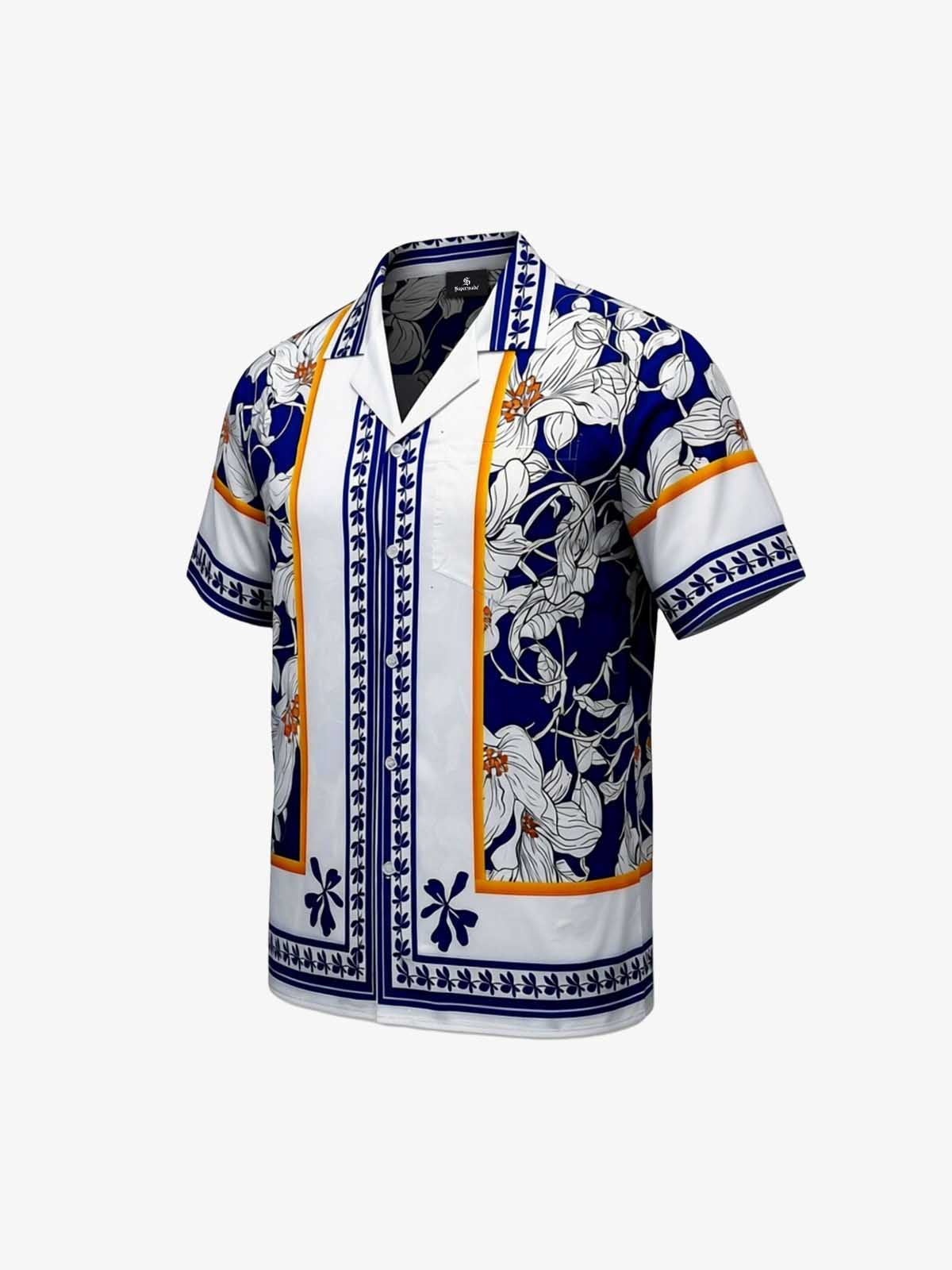 Revelse™  Porcelain Print Cuban Collar Boxy Shirt