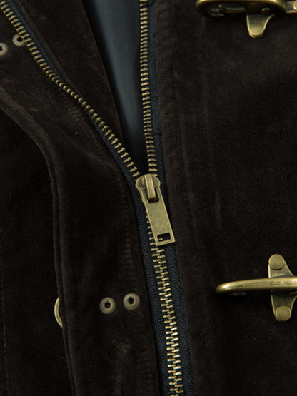 Retro Suede Bomber Jacket with Metal Button Lapel