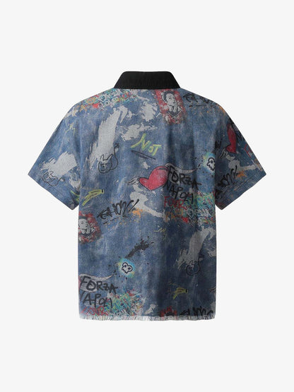 Tie-Dye Denim Polo T-Shirt with Graffiti Print