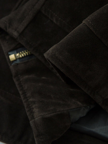 Retro Suede Bomber Jacket with Metal Button Lapel