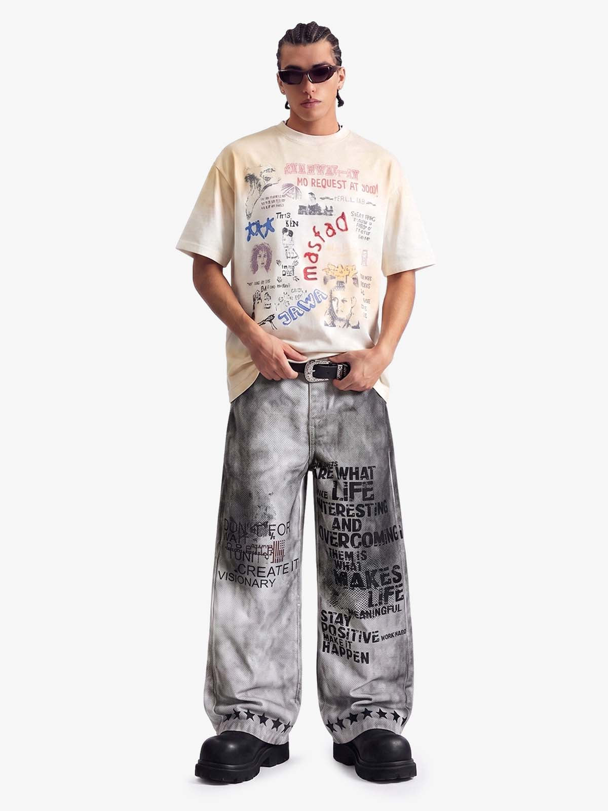 Revelse™  Unisex Cotton Graffiti Print Loose Fit T-Shirt White