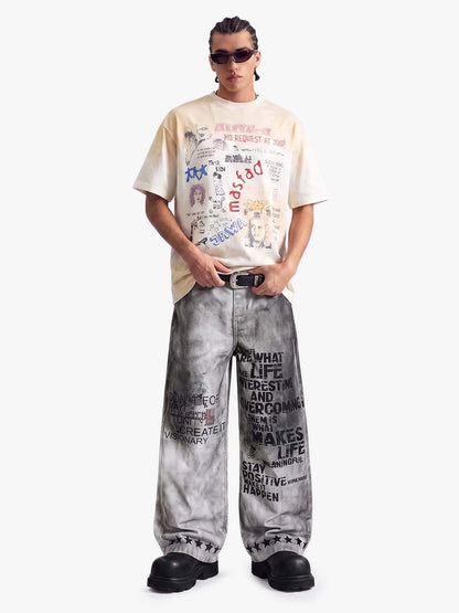 Revelse™  Unisex Cotton Graffiti Print Loose Fit T-Shirt White